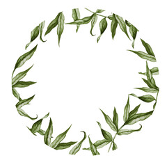 Watercolor circle frame made of vibrant green pointed leaves and twigs, isolated on white. Botanical wreath for logos, invitations, or text headers.