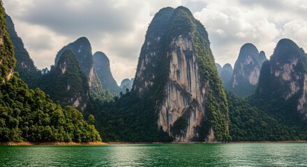 Majestic limestone cliffs covered in lush green vegetation rising from the tranquil waters