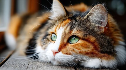 Close-up of a Calico Cat with Green Eyes Resting on a Wooden Surface