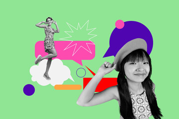 Collage of diverse people blogging chatting speech bubbles representing communication digital...