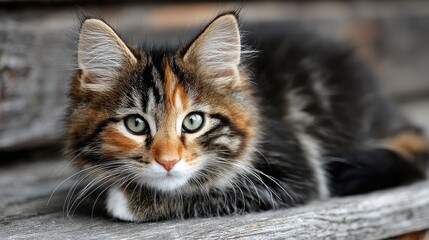 Cute Calico Kitten Portrait with Green Eyes Resting on Wooden Surface