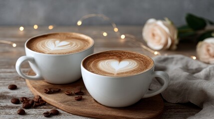 Two white coffee cups with heart designs on them sit on a wooden board with coff
