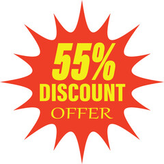 A red starburst seal graphic with yellow text indicating a 55% off discount for sales and promotions.