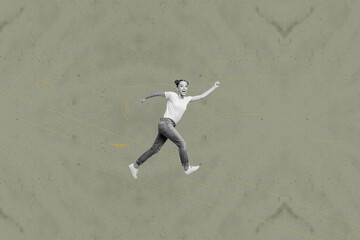 Collage of energetic person jumping with playful cartoon doodles in creative whimsical concept...