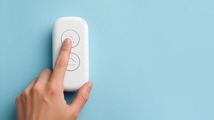 Hand pressing sun button on weather remote — concept: mood control, smart home