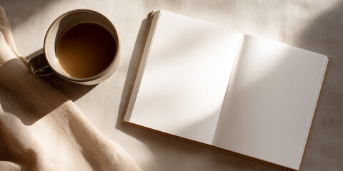 Blank pages of an open notebook with a mug of coffee on a light fabric. Sunlight creating soft shadows copy space christmas
