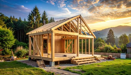 New Construction Home's Frame: The skeleton of a new home takes shape amid lush greenery, its wooden framework standing strong against a backdrop of a colorful sky.