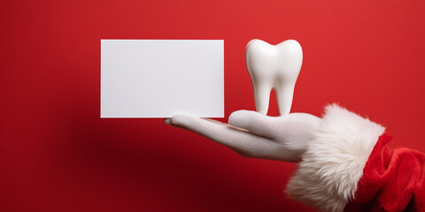 Santa's gloved hand presenting a large white tooth model and a blank white card over a festive red background, symbolizing holiday dental health copy space christmas