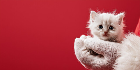 Santa claus hands in white knitted gloves cradling a fluffy little kitten against a vibrant red background, perfect for christmas copy space