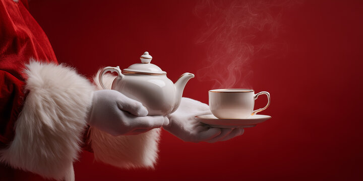 Santa claus hands in white gloves holding a steaming teapot and cup against a red background, symbolizing holiday warmth and hospitality copy space christmas