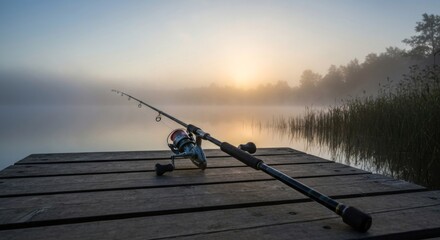 A fishing rod rests on a wooden dock, overlooking a serene lake engulfed in morning fog