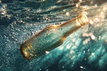 Sunlit beer bottle floating underwater, mesmerizing aquatic scene with bubbles and clear water, evokes tranquility and environmental themes