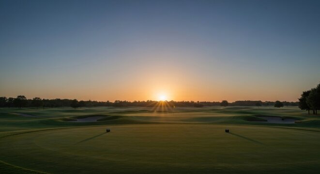A golf course basks in the dawn's golden light, with tees and bunkers visible - Powered by Adobe