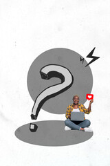 Collage of remote worker with laptop smartphone tablet surrounded by question marks light bulb...