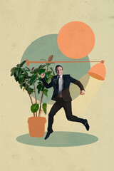 Creative collage of cheerful person near potted plant lamp in modern home or office cozy interior...
