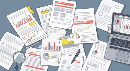 Data Analysis Overload: Documents and Laptop