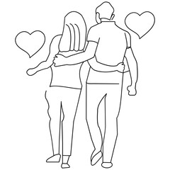 Line Art Illustration of Couple Walking with Hearts