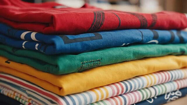 Stack of Colorful Shirts - This close-up shot features a stack of vibrant shirts in varying colors and designs, neatly folded. The shirts create a colorful layered effect.