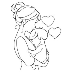 Contour Drawing of Mother and Child with Hearts