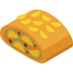 A stylized isometric illustration of a pastry filled with green and orange slices and dark dots presented on a transparent background ideal for culinary designs