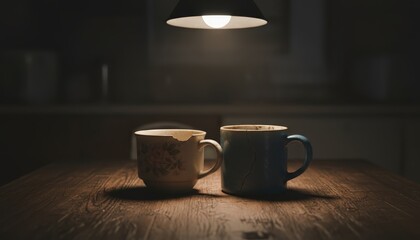 Two old mismatched mugs resting on a wooden table in warm, low light.