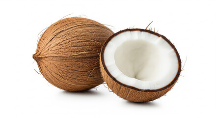 Whole and halved coconuts arranged together on clean white isolated background