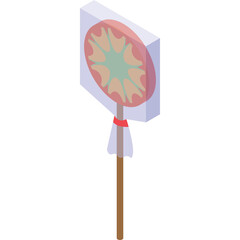 A Stylized Isometric Lollipop Icon with a Transparent Background Featuring a Colorful Swirl Design and a White Wrapper