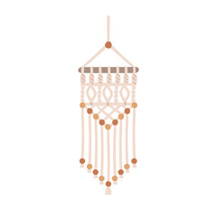 Macrame, wall decoration hanging. Boho style decor with rope knots, beads, cord fringe, string. Decorative handmade interior ornament, accessory. Flat vector illustration isolated on white background