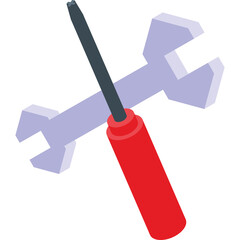 A Stylized Isometric Illustration of a Red Screwdriver Lying Across a Silver Wrench Against a Clean White Background Representing Repair and Tools