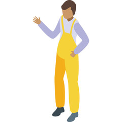 A Stylized Isometric Person Wearing Yellow Overalls and a Light Blue Long Sleeve Shirt Extending One Hand in a Welcoming Gesture Against a Transparent Background.