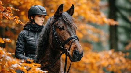 Obraz premium Woman Riding Horse in Autumn Forest, Equestrian Lifestyle and Nature Scenery