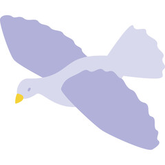 A stylized light purple dove in mid-flight against a transparent white background conveying peace and freedom with its wings spread wide and yellow beak.