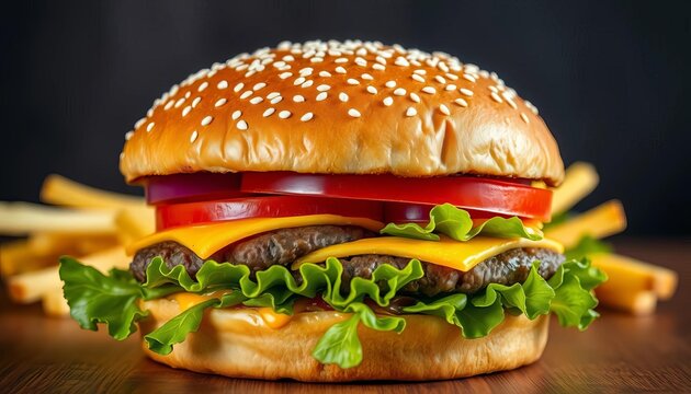 A juicy burger with sesame seed bun, cheese, lettuce, tomato, and onion,  sesame,   vegetarian burger