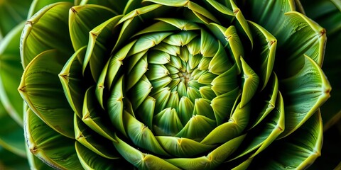 Close-up of artichoke heart revealing intricate spiral pattern of bracts, illustration, design element