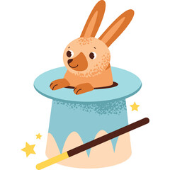 Whimsical Orange Bunny Emerging From A Light Blue Magic Hat With Sparkles And A Wand A Magical...