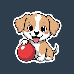 Cartoon puppy sticker with a red ball sitting down and sticking its tongue out on a dark background