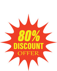 A red starburst seal graphic with yellow text indicating a 80% off discount for sales and promotions.