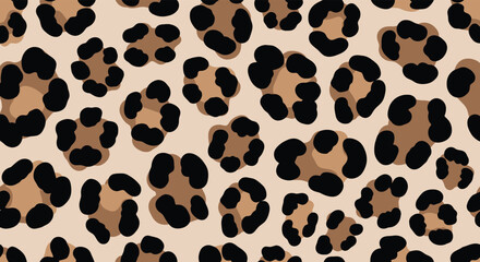 Seamless leopard print pattern with brown and black spots on a light beige background, classic animal motif