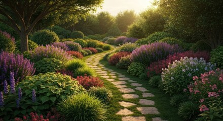 Fototapeta premium A sun-drenched garden path winds through vibrant flowering plants and trees