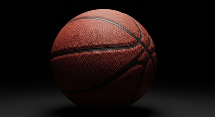 Obraz premium A textured, orange-brown ball, with black seams, sits in a darkened studio