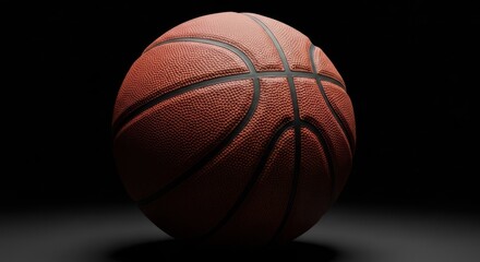 Obraz premium A textured, orange basketball sits isolated against a stark black backdrop, lit by a soft glow
