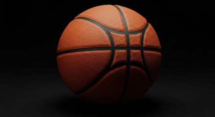 A textured orange basketball, lit from above against a black background, casting a shadow
