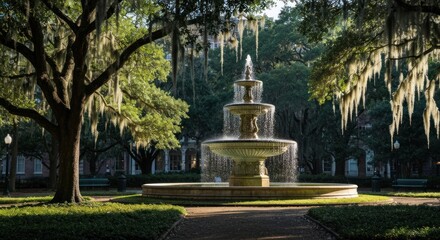 Fototapeta premium A tiered fountain sprays water in a sunlit square framed by trees and hanging moss