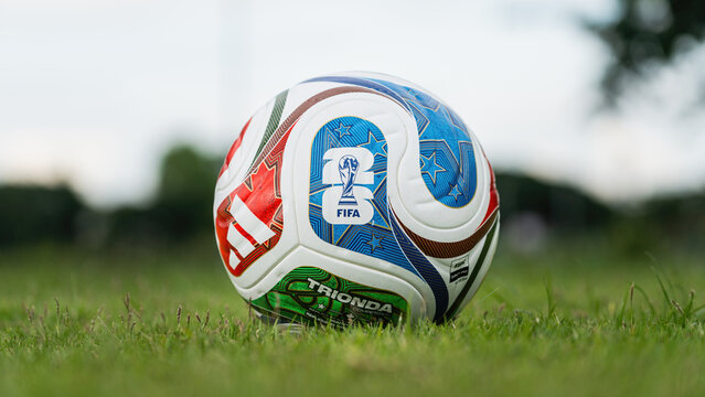 	
Bangkok, Thailand - 24 October 2025: Adidas launch "Trionda" the official match ball for Fifa World Cup 2026 that co-host with USA, Canada and Mexico. It on the football training grass pitch.