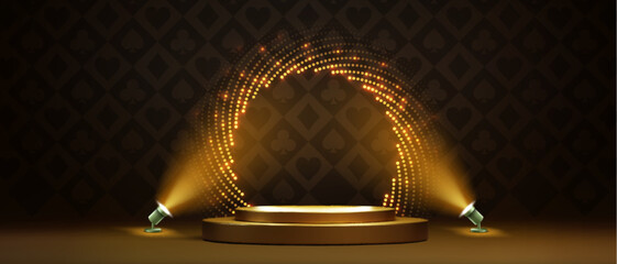 Casino podium stage with golden circular frame of luminous dots and spotlights on dark background. Luxury presentation or winner congratulation platform for product display or promotional content.