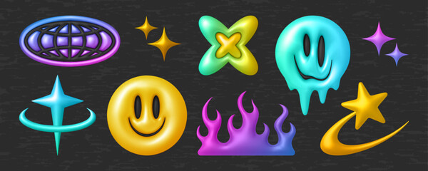 Obraz na płótnie Canvas 3d y2k object collection - glossy smiling faces with melting effect, gradient flames and sparkling stars. Retro futuristic shapes in vibrant neon colors for nostalgic digital design or branding.