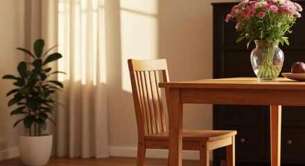 A well-lit dining room shows a table, chair, plant, curtains, and a vase of flowers