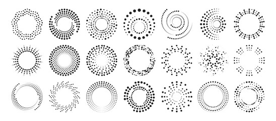 Dot radial ripple halftone patterns with circular gradients and wave effects. Black various geometric textures for print design, backgrounds or modern abstract compositions on white surface.