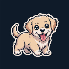 Cartoon golden retriever puppy with tongue out and big eyes on a dark blue background sticker style