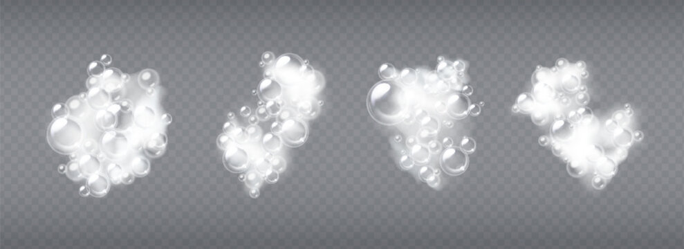 Bathing foam clusters with soap bubbles and sud texture - transparent spheres floating within white lather for cosmetic or cleaning products. Shampoo froth elements for washing and hygiene design.